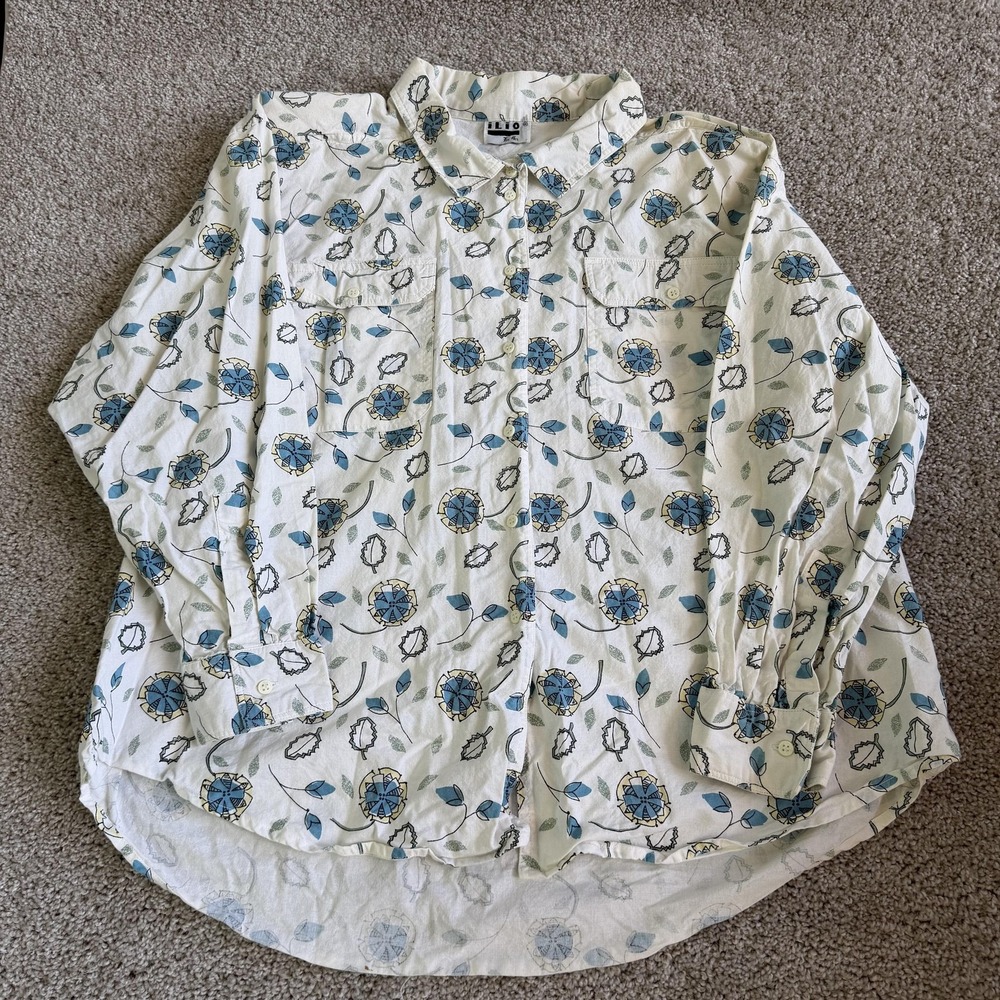 ILIO Shirt Womens 2X White Floral Button Up Collared Long Sleeve Top Casual